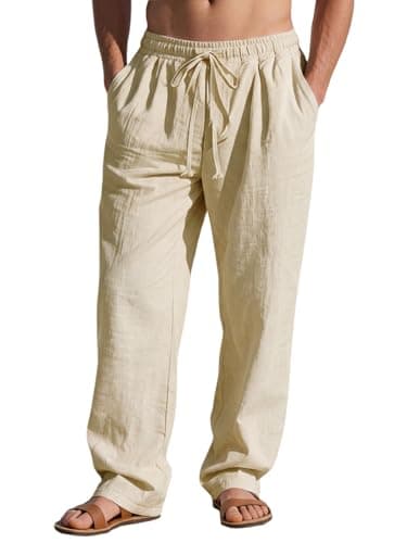 YIGAMA Men's Linen Pants Casual Loose Fit Cotton Trousers with Elastic Drawstring Waist Summer Beach Lightweight Pants Khaki - Image 1