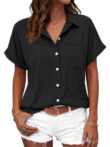 Tankaneo Womens Button Down Shirts Short Sleeve Blouses Summer Casual V Neck Collared Shirt Tops Black - Image 1