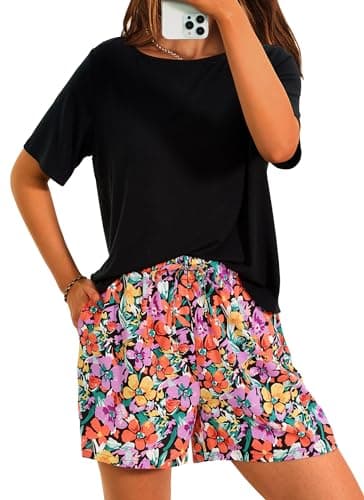 PRETTYGARDEN Women's Summer 2 Piece Outfits Lounge Sets Short Sleeve Tee Shirts Tops Blouses Pockets Printed Shorts Tracksuit (Floral Black,Small) - Image 1