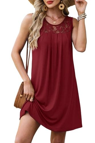BKRIVE Summer Dresses for Women Sleeveless Pleated Sundress Lace Scoop Neck Beach Vacation Dress Burgundy 2XL - Image 1