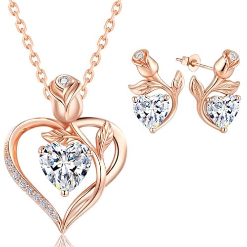 JACUPO Rose Heart Necklace and Earrings Set (Necklace 1.2CT / Earrings 0.8CT) Moissanite/Lab-Grown Sapphire/Ruby Options S925 Sterling Silver 18K White Gold Plated Engraved "I LOVE YOU" Perfect Engagement Gift for Girlfriend Wife (Moissanite Rose Gold) - Image 1