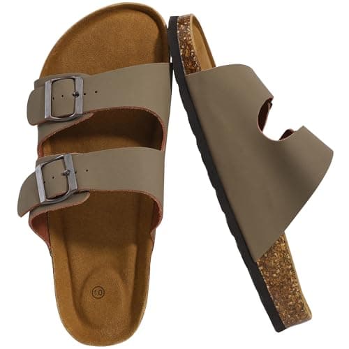 NHU Cork Footbed Sandals, Comfortable Double Buckle Slip-On with Arch Support Slides for Women Footwear, Brown - Image 1