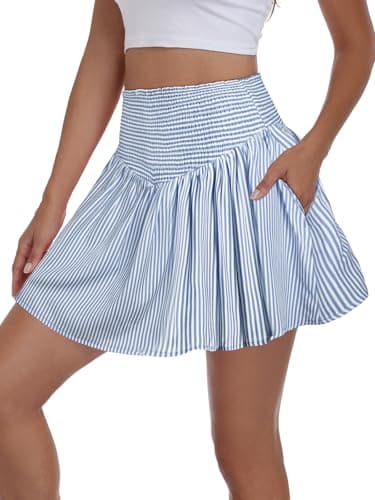Vigorics Women’s High Waisted Smocked Mini Skirt Casual A-Line Skort Built-in Shorts for Summer Vacation Picnic Outdoor Light Blue Stripes M - Image 1