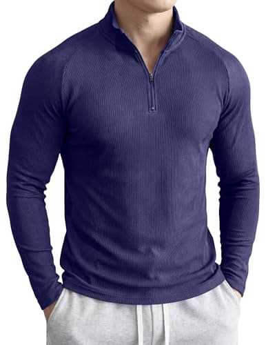 JMIERR Mens 1/4 Zip Pullover Slim Fit Ribbed Athletic Running Muscle Shirts Breathable Stretch Flexible Pullover Long Sleeve T Shirt, 3X-Large, A Navy Blue - Image 1