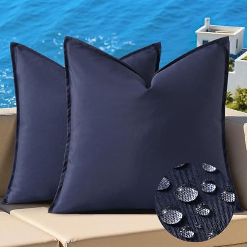 decorUhome Waterproof Faux Linen Outdoor Throw Pillow Covers 18x18 Inch Set of 2 Decorative Natural Farmhouse Pillow Cases with Flange Edges for Summer Couch Garden Patio Balcony Porch, Navy Blue - Image 1