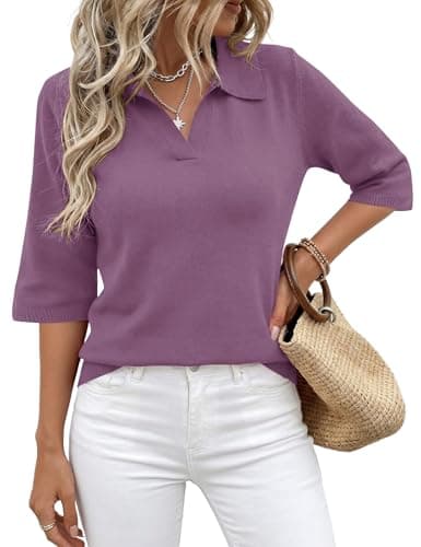 Rapbin Womens Tops Business Casual Collared Blouses 3/4 Sleeve Polo Sweaters Purple - Image 1