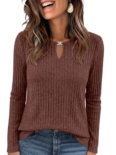 ANRABESS Women's Ribbed Knit Long Sleeve Tops,Rust Red,Small - Image 1