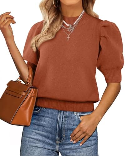 ATHMILE Women's Puff Short Sleeve Cozy Sweater Tops 2026 Spring Summer Fall Crew Neck Casual T Shirts Blouses A-Orange - Image 1