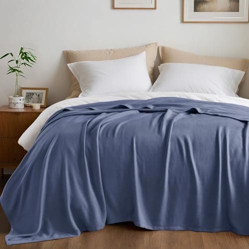 Queen Size Blanket, 70% Rayon (Derived from Bamboo) and 30% Cotton, Lightweight Jacquard Weave, Breathable and Soft Summer Blanket for Bed or Couch, 90” x 90”, Navy - Image 1