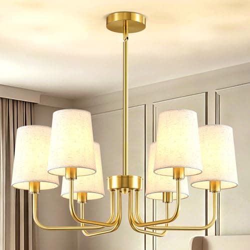 Yunnix 6-Light Gold Chandelier for Dining Room, Modern Chandelier Light Fixture with White Linen Shades, UL Listed Farmhouse Brass Chandeliers for Living Room Kitchen Bedroom Entryway Foyer - Image 1