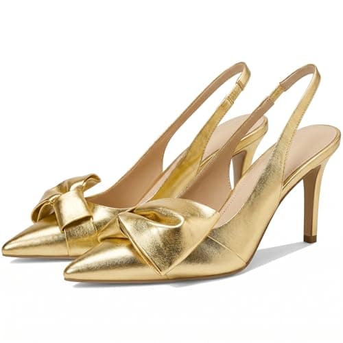 Moloershow Women's Slingback Heels with Bow Pointed Toe Pumps with Elasticated Strap 3.3" High Kitten Heels for Sexy Evening Dress Shoes Gold Size 8 - Image 1