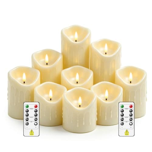 Xavnero 9 Pcs Flickering Flameless LED Pillar Candles, (D 3" x H 3" 4" 5" 6" 7") Battery Operated with Remote Plastic Wax Drip Fake Candles for Home Wedding Holiday Decor,Ivory