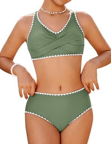HOZIY Girls Swimsuit Bikini Set Solid Color V-Neck Two Piece Bathing Suit with Chest Pad Kids Adjustable Straps Swimming Swimwear Green Size 9-10 - Image 1