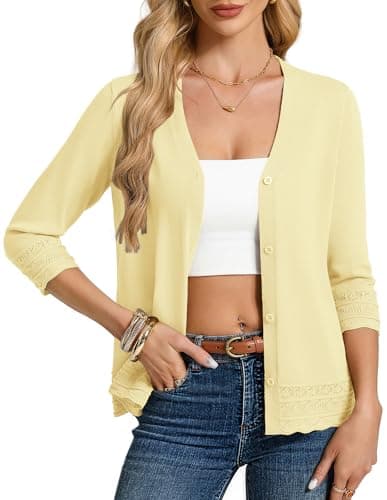 GRACE KARIN Yellow Cardigan Sweaters for Women Summer Lightweight Cardigans 3/4 Sleeve Button Up Top(Butter Yellow,Medium) - Image 1