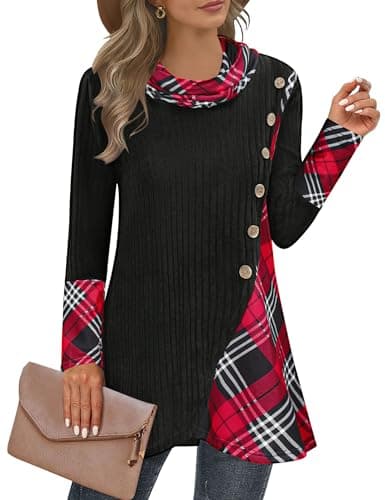 Miusey Pullover Sweaters for Women Lightweight Turtleneck Sweater Christmas Sweatshirts Soft Sweaters for Women Cozy Warm Red Black Plaid L - Image 1