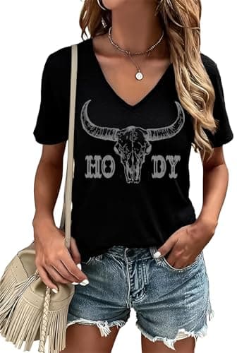 Eatbook Western Shirts for Women Cow Skull Cowgirl T-Shirts Womens Vintage Rodeo Outfits V-Neck Country Graphic Tees Tops Black M - Image 1