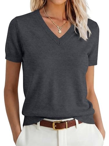 ANRABESS Women’s 100% Wool Sweater,Office Work V Neck Short Sleeve Sweaters ,Soft & Lightweight, Business Casual Tops Deep Gray Medium - Image 1