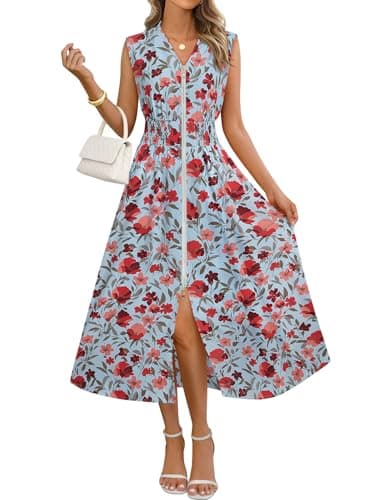 MEROKEETY Women's Summer Sleeveless Floral Maxi Dress 2026 Boho Casual Flowy Zipper V Neck Split Beach Dresses, Bluered, Small - Image 1
