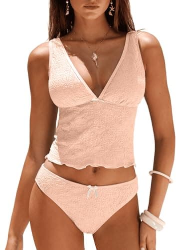 ZAFUL Cute Tankini Swimsuits for Women High Cut Lace Bathing Suit Tummy Control Two Piece Swimsuit 2026 Pink - Image 1