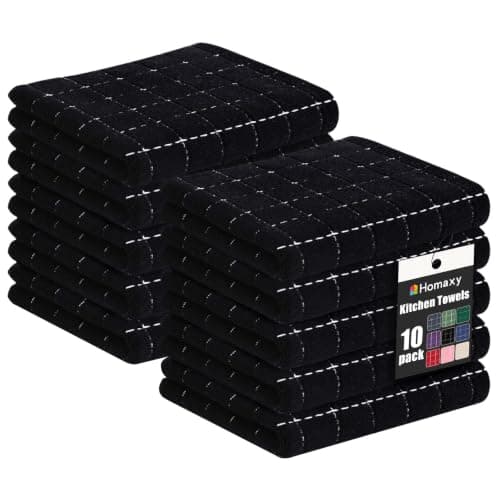 Homaxy 100% Cotton Terry Kitchen Towels(Black, 13 x 28 Inches), Checkered Designed, Soft and Super Absorbent Dish Towels, 10 Pack - Image 1