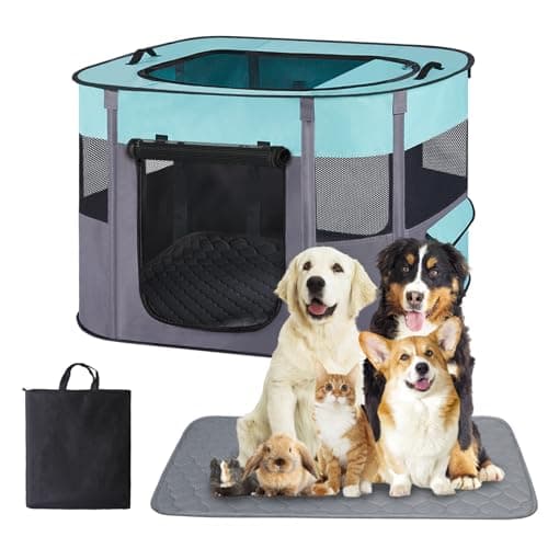 Portable Dog Cat Playpen with Waterproof Pad,Collapsible Pet Puppy Kitten Crate,Foldable Small Animals Kennel Cage for Indoor Outdoor Travel Camping,Water-Resistant Breathable Shade Cover (Green M) - Image 1