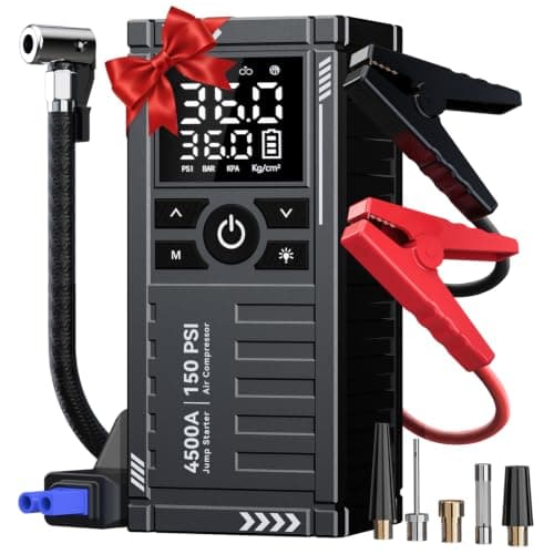 Car Battery Jump Starter with Air Compressor - 4500A 150PSI Portable Car Jump Starters (All Gas/10L Diesel) with Tire Inflator, 12V Car Battery Jump Box with Jumper Cables, LCD Display, LED Light - Image 1