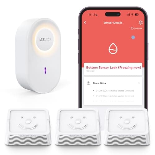 MOCREO WiFi Water Leak Detector Kit, 2000ft LoRa Long-Range, SMS App Email Alerts, Leak Severity Tracking, 105dB Adjustable Alarm, 5-Year Battery Life, 3 Smart Water Sensors for Home Basement Kitchen - Image 1