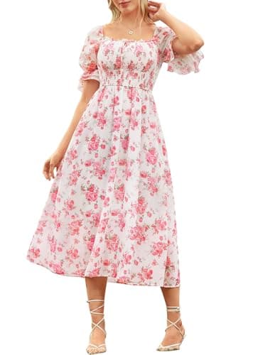 Scarlet Darkness 2026 Summer Floral Dress for Women Cottagecore Smocked Midi Dresses Beige Pink Floral XXL - Image 1