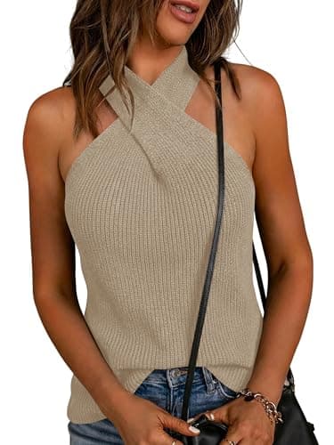 LaGracia Women's Halter Criss Cross Crochet Tops Knit Sleeveless Sweater for Women Tank Trendy Elegant Spring Summer Outfits 2026 Kkaki M - Image 1