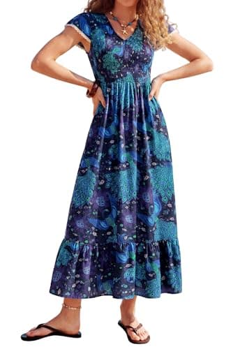 Boho Dresses for Women 2026 Summer, Floral Short Sleeve V Neck Smocked Flowy Beach Vacation Maxi Dress, A Line Long Dresses - Image 1