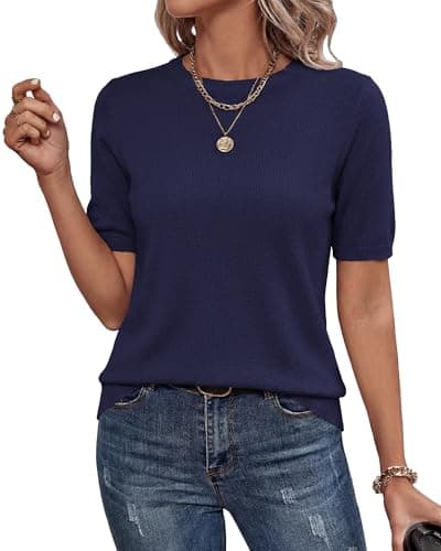 BTFBM Women's Short Sleeve Sweaters 2026 Summer Crew Neck Knit Work Shirts Business Casual Tops Basic Fall Fashion Clothing(Navy Blue, Large) - Image 1