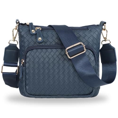 U+U Woven PU Leather Crossbody Bags for Women, Multi Compartment Shoulder Handbag with Adjustable Wide Strap and Removable Zipper Pouch (Navy Blue) - Image 1