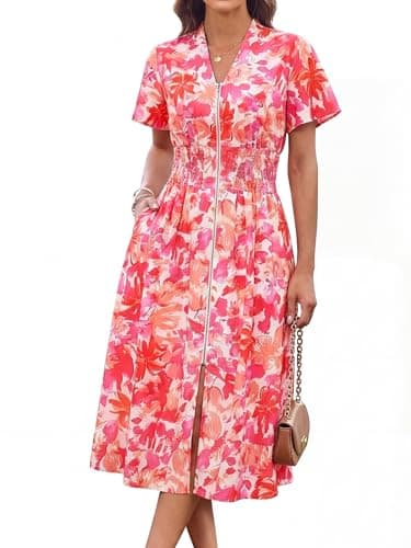 GRACE KARIN Womens Summer Maxi Floral Dress Casual 2026 Long Zipper Dresses Boho Flowy Beach Vacation Sundress with Pockets Red Floral XL - Image 1