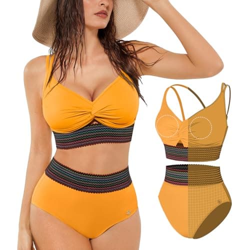 Popilush Tummy Control Swimsuits for Women High Waisted Bikini Sets Shapewear Two Piece Boho Swimsuit 4 Way Wear Beach and Pool Size XL Color Orange - Image 1