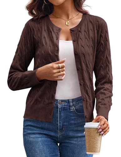 Womens Cable Knit Cardigan Sweaters, Lightweight Cardigans for Women Trendy, Chocolate Brown Spring Clothes 2026 XL - Image 1
