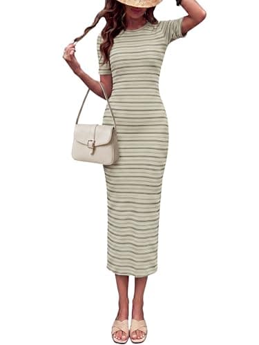 CHEVIBE Women's Beach Vacation Striped Knit Dress Crew Neck Short Sleeve Bodycon Midi Back Slit Sundresses 2026 Spring Casual Fashion Nautical Slim Fit Stretchy Everyday Wear Summer Party Dresses - Image 1