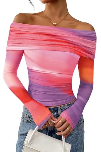 PRETTYGARDEN Womens Tops 2026 Spring Off The Shoulder Long Sleeve Fitted Y2k Shirts Floral Ruched Mesh Going Out Outfits(Multicolour Print,Medium) - Image 1