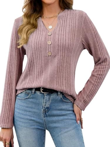 VUTRU Womens Top Tunic Knit Sweater Long Sleeve Pullover V Neck Casual Shirt Loose Fit Everyday Wear, Pink M - Image 1