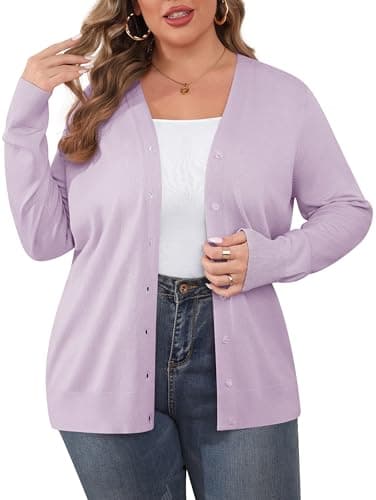 TIANZHU Womens Plus Size Cardigan Sweaters Open Front Long Sleeve V Neck Button Comfy Lightweight Casual Jacket Coat, Light Purple, 3XL - Image 1