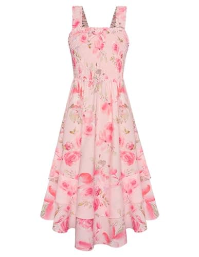 GRACE KARIN Girls Summer Beach Dress Elastic Straps Cute Casual Special Occasions Dress Size 5-6,Light Pink Floral - Image 1