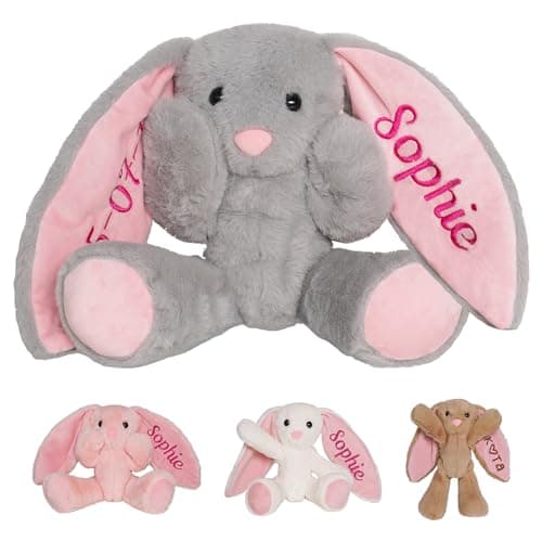 MYPHNEX Personalized Bunny Stuffed Animal, Custom Bunny Plush with Embroidered Name, Toys for 1 2 3 Year Old Baby Girls Boys, Customized Christmas Birthday Gifts for Infant Toddler Newborn (Bunny)