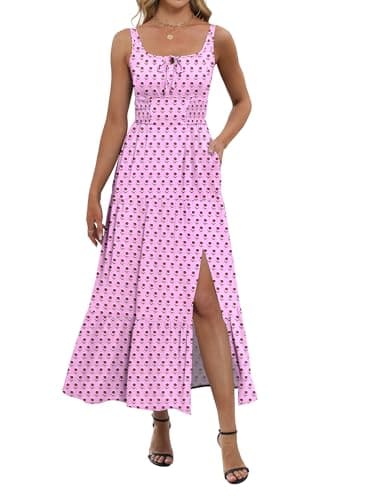 ANRABESS Women Summer Casual Floral Printed Square Neck Sleeveless Straps Elastic Waist Slit Beach Vacation Maxi Dress Pink Purple Floral Large - Image 1