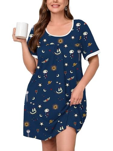 AusLook Plus Size Women's Nightgown 5X Starry Sky Deep Navy Short Sleeve Sleep Dress Sleepwear Soft Sleepshirts Pleated Scoopneck Nightshirt Sleep shirts with Pockets - Image 1