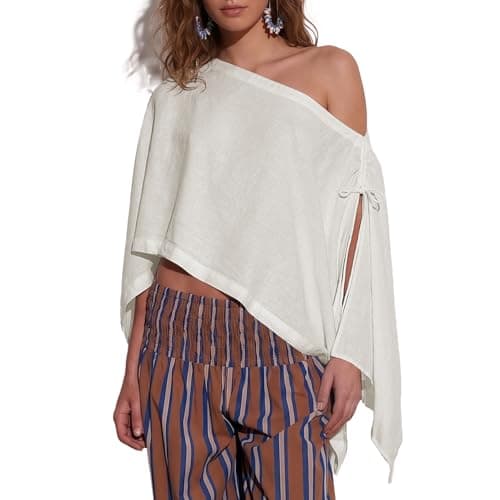 Ainangua Womens Sheer Poncho Beach Tops Casual Split Sleeve Drawstring Cover Up Versatile Flowy Cape Shawl Vacation Outfits(White,L) - Image 1