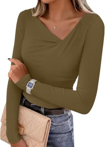 Lepunuo Tops for Women Trendy Asymmetrical Neck Long Sleeve Ribbed Knit Slim Fit Fall Y2K Going Out Casual Work Tshirt A - Army Green - Image 1