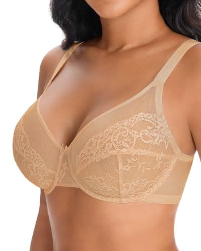 As Fairy Womens Minimizer Unlined Lace Bra 1mm Ultra Thin Sheer Breathable Full Coverage Underwire Plus Size Bras(Warm Beige 40DD) - Image 1