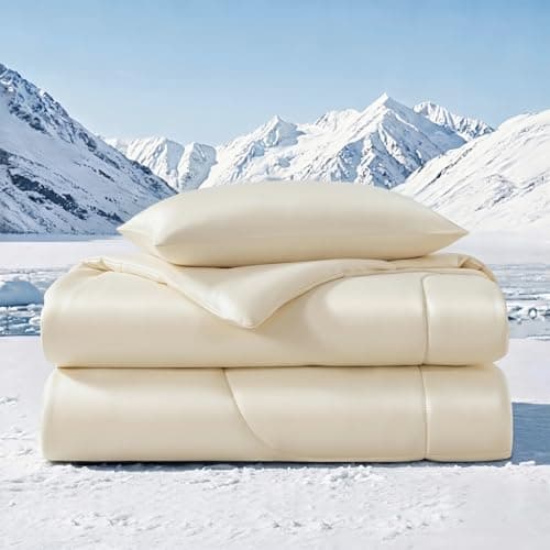 Quataly Cooling Comforter Set White Fitted Bottom Sheet and 1 Pillowscase-Twin Size Cooler Comforter for Summer Soft Breath 3pcs Set (1 Twin Comforter+1 Fitted Sheets+1 Pillowcase,Beige) - Image 1