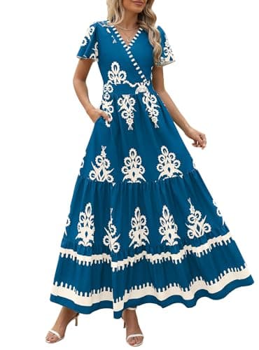 PRETTYGARDEN Womens 2026 Summer Casual V Neck Boho Maxi Dress Flowy Aline Bell Sleeve Tiered Floral Dresses with Pocket (Floral Lake Blue White,Medium) - Image 1