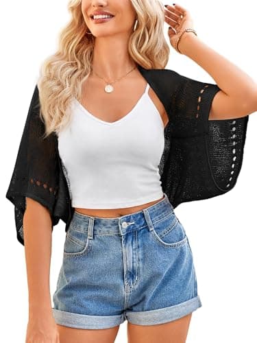 BB&KK Womens Crochet Shrug Summer Cardigan Lightweight Sweaters Batwing Sleeve Open Front Cropped Knit Bolero Shrug Hollow-Out Outwear Black XL - Image 1