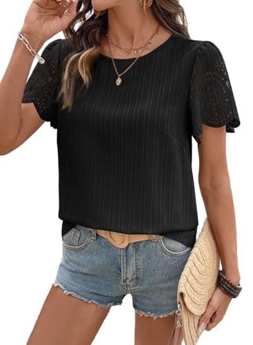 SHEWIN Blouses for Women Crew Neck Womens Short Sleeve Tops Lightweight Womens Shirts Business Casual Outfits Pullover Spring Tops for Women,(US 8-10) M,Black - Image 1